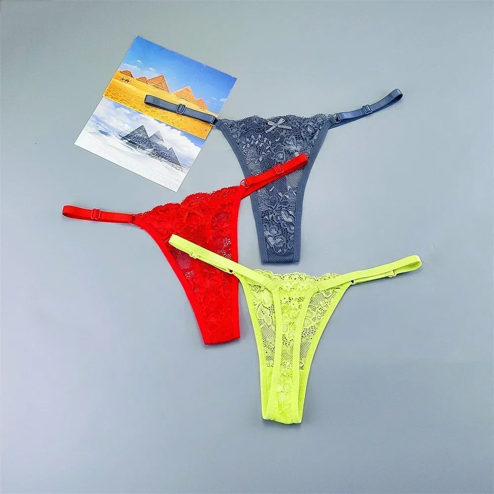 3PCS Einstellbare Sexy Transparent Tanga Höschen Frauen Spitze Unterwäsche Niedrige Taille Weibliche T-zurück String Unterhose